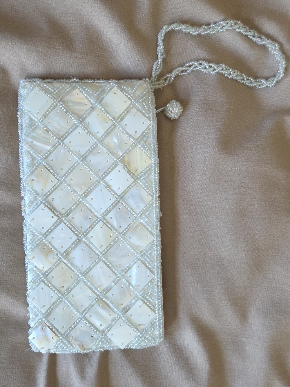 Mother of Pearl Shell Mosaic Beaded Wristlet Clutch With Beaded Braided Strap